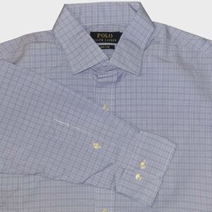 RALPH LAUREN Blue Checked Dress Shirt Size 16.5  32/33 Long Slv Button Easy Care